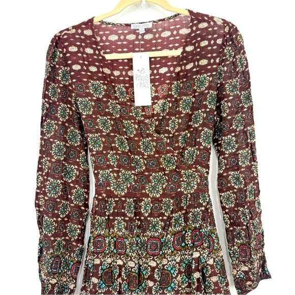 Patrons of Peace Brown Burgundy Medallion Floral Autumn Boho Mini Wrap Dress NEW - Picture 2 of 16